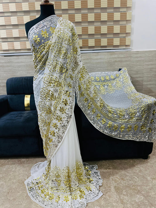 Sahree mukesh kamdani work ganga jamna silver gold pure chiffon