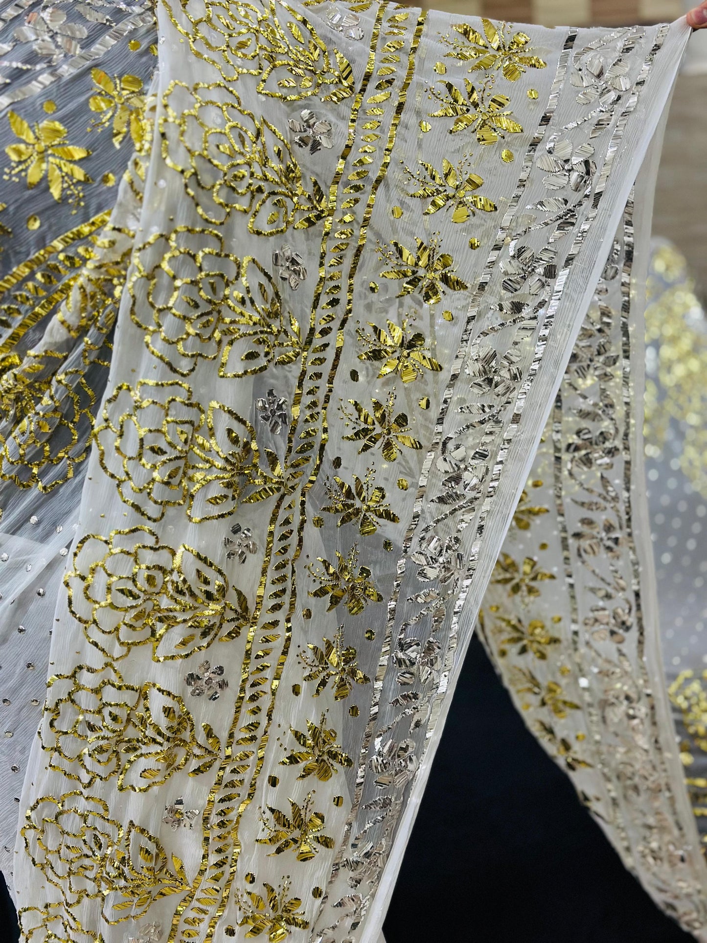 Sahree mukesh kamdani work ganga jamna silver gold pure chiffon